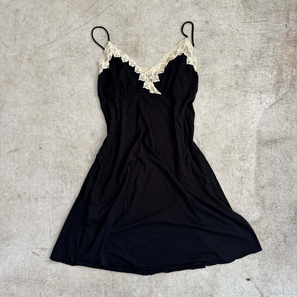 Black Lace-Trimmed Slip Nightgown Dress